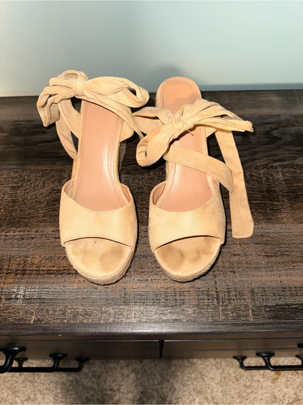 Suede Ankle-Tie Sandal Heels in Beige
